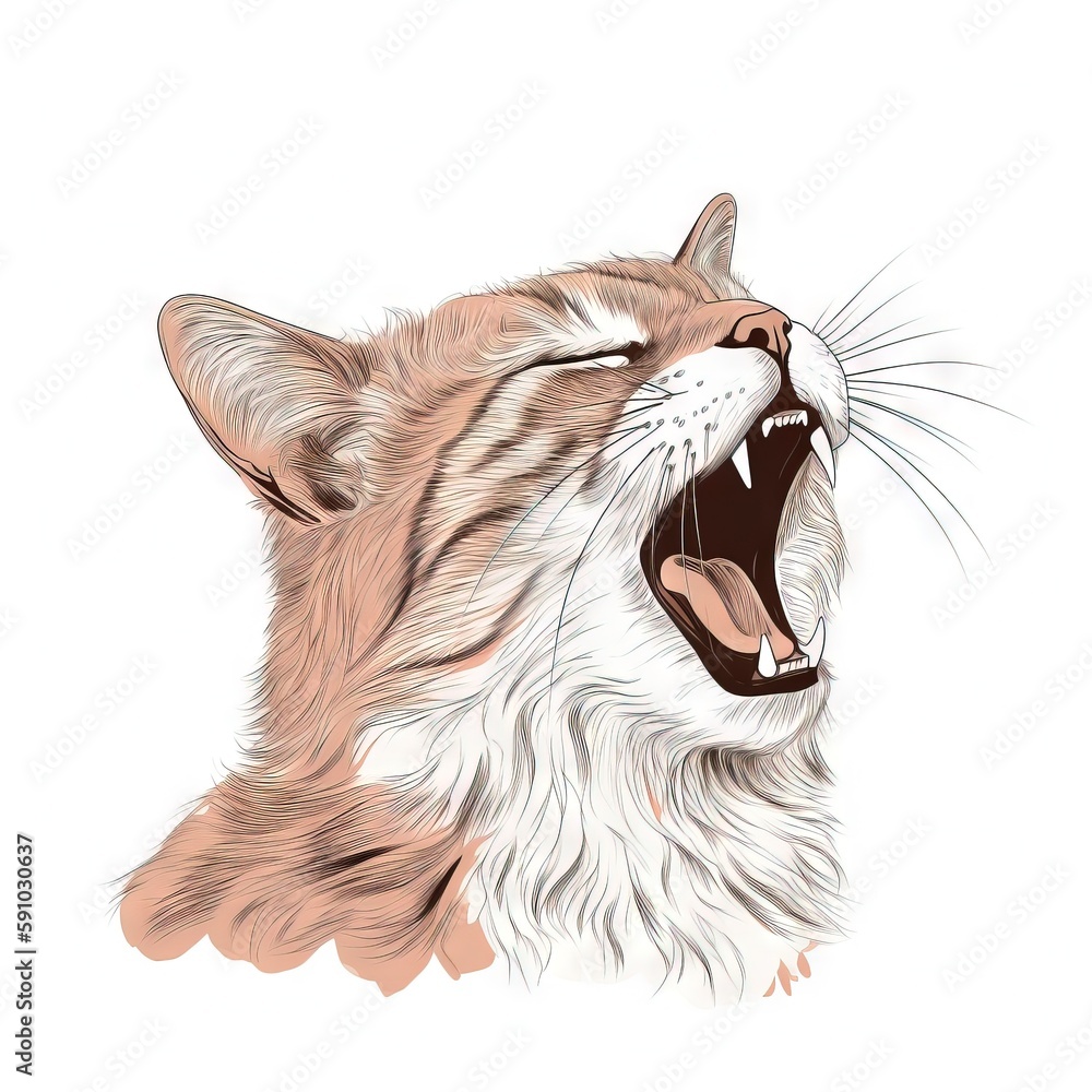 Poster a drawing of a cat with its mouth open and it's mouth wide open, with it's mouth wide open and it's 