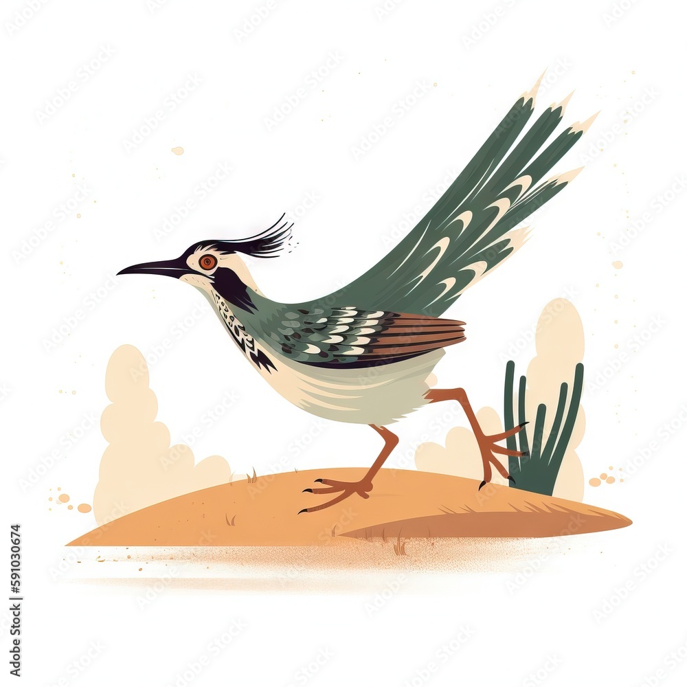 Poster a bird with a long tail is walking on a desert area with cacti and a cactus in the background with a