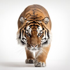 Fototapeta na wymiar a large tiger walking across a white surface with a white background in the foreground and a white background in the background with only one tiger's face visible. generative ai