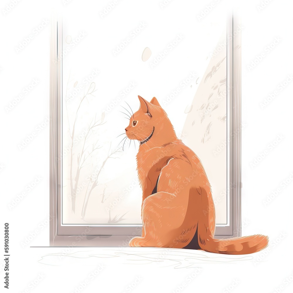 Poster a cat sitting on the floor looking out a window at the snow outside of the window and looking out at
