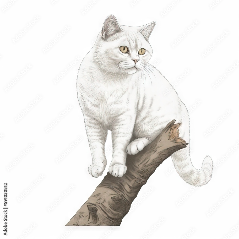 Poster a white cat sitting on top of a tree branch with a white background and a white background with a wh