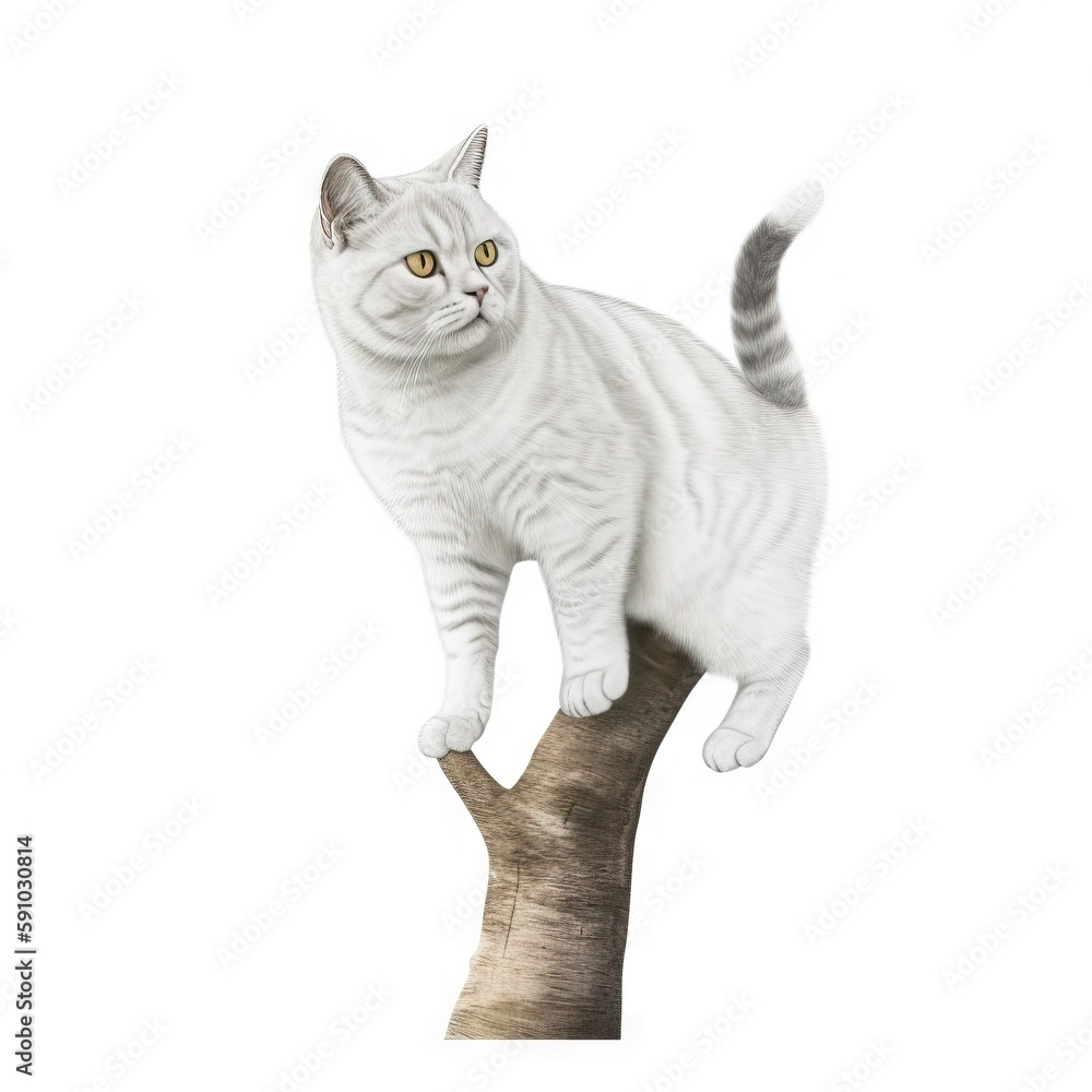 Poster a white cat standing on top of a tree branch on a white background with a shadow of a cat on the tre