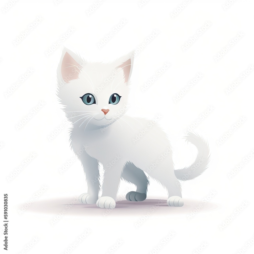 Poster a white kitten with blue eyes standing on a white background with a shadow of its head on the ground