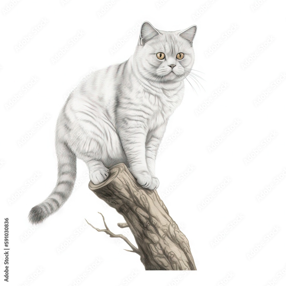 Poster a drawing of a cat sitting on top of a tree branch with a branch in the foreground and a tree branch