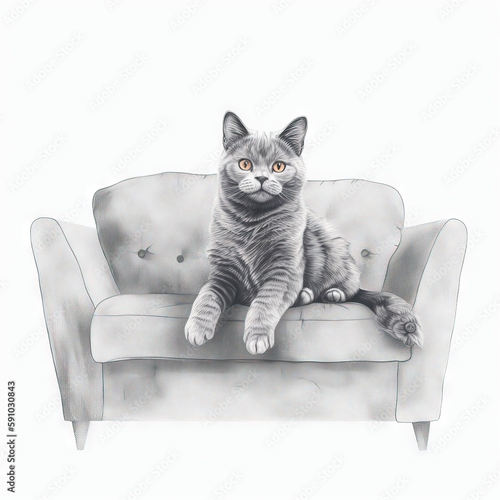 Poster a drawing of a cat sitting on top of a couch with its paw on the arm of the couch and looking at the