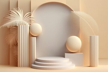 Summer sale orange background abstract design. Minimal cosmetic product display stand 3d rendering illustration. Generative Ai.