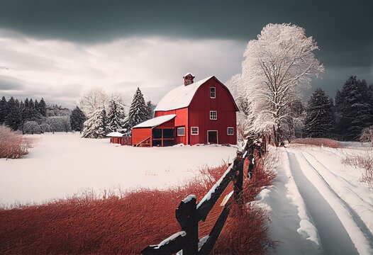 Red barn during winter with snow Stowe Vermont USA. Generative AI