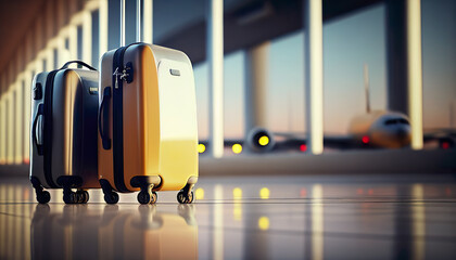 Suitcases in airport departure lounge, airplane in background, summer vacation concept, traveler suitcases in airport terminal waiting area. Travel concept. AI Generated.