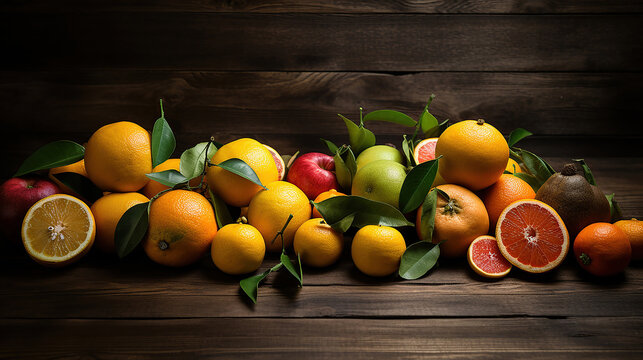 Frame with assortment of citruses on rustic wooden background. Generative AI technology