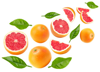 flying grapefruits with greew leaves  isolated on white background. clipping path