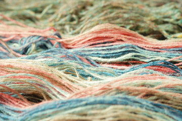 Threads from natural organic sheep wool. Close-up, macro. Two unwound skeins of green and rainbow knitting yarn.