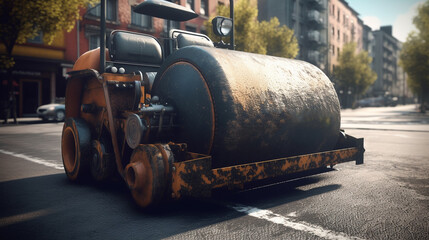 Road roller working on road construction site. Generative Ai
