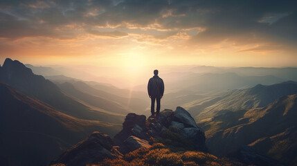 Businessman standing on top of a mountain and looking at the sunset. Generative Ai