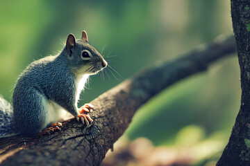 Obraz premium Fluffy grey squirrel with a nut, cute animal in the forest, generative AI
