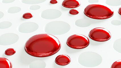 Abstract white background with empty cells and cells filled with red blood drops. Blood tests, donation. 3d render illustration.