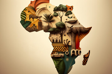African continent silhouette isolated on craft paper background with boho pattern. Africa day background with cut old paper. ai generative.