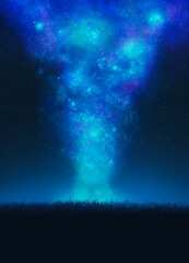 Fototapeta na wymiar Fantasy scenery nebula on the field. Fantasy galaxy on the sky against the background of a bright blue, digital art style, fine art illustration painting.