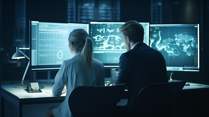 Back view of businessman and businesswoman working with computer in modern office. Generative Ai