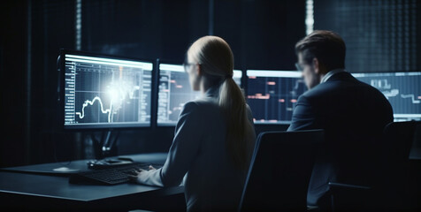 Back view of businessman and businesswoman working with computer in modern office. Generative Ai