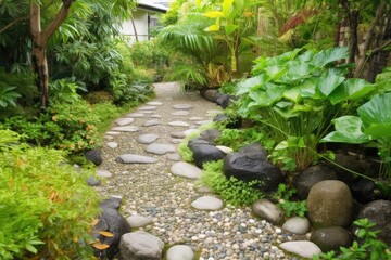 lush garden with pebble pathway and babbling brook, created with generative ai