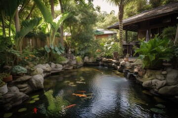 lush garden with water feature and koi fish swimming in pools, created with generative ai