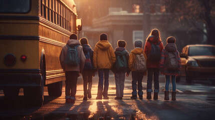 Back view of group of schoolchildren standing with school bus. Generative Ai