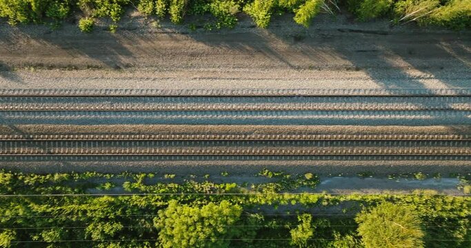 Empty endless straight two-way railways through flat field with green grass and trees lanscape. Aerial top down drone view.