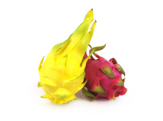 Red and yellow dragon fruits or pitahaya isolated on white background