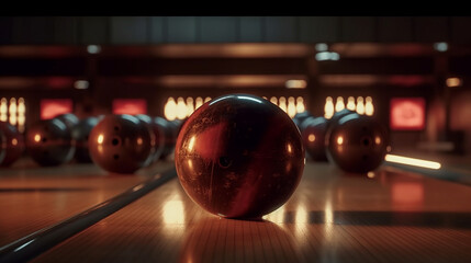 Bowling ball on the bowling lane. Generative Ai