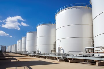 tank farm, with array of tanks and pipes, transporting refined products, created with generative ai