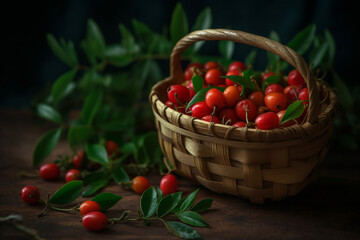 Naklejka na ściany i meble Lingoberry on a wooden basket freshly harvested