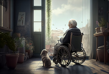 Fototapeta na wymiar illustration of an old person sitting on wheelchair near window with dog. ai