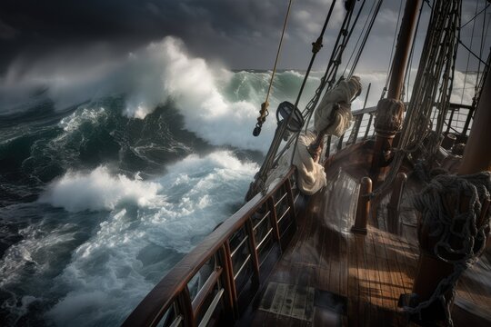 pirate ship in storm, waves crashing against the deck, created with generative ai
