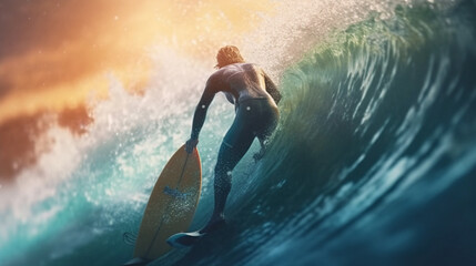 Surfer in the ocean with a surfboard. Generative Ai