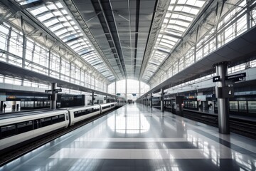 modern train station, with sleek lines and high-tech features, bustling with passengers, created with generative ai