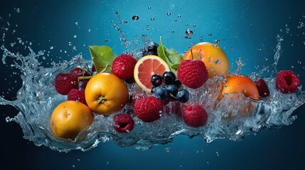 Fototapeta na wymiar fruits splashing in the water with a blue background, generative ai
