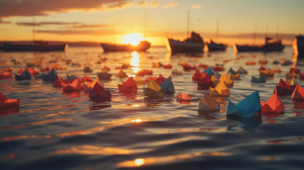 Colorful paper boats in the sea. Generative Ai
