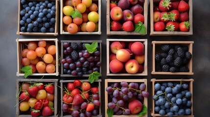 top view of various berries in the wooden boxes, fresh, organic, generative ai