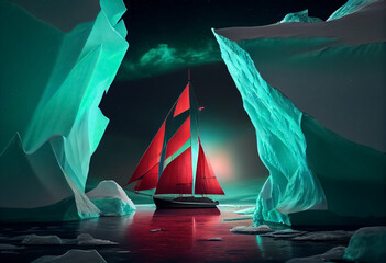 illustration of ship with red sails at sea between glaciers at night and the sky with northern lights. ai - obrazy, fototapety, plakaty