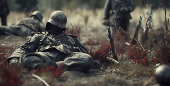 Dead soldiers in the battlefield. Generative Ai