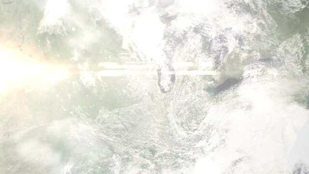 Earth zoom in from outer space to city. Zooming on Hoffman Estates, Illinois, USA. The animation continues by zoom out through clouds and atmosphere into space. Images from NASA