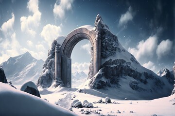 giant stone arch to another world covered by snow 100 meters high covered with arcanics and magics symbols during the day 16k full hd hyper realistic  - obrazy, fototapety, plakaty