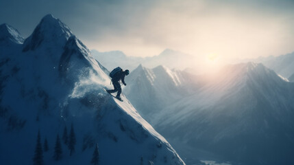 Snowboarder jumping on snowy mountains. Generative Ai