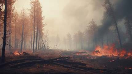 Forest fire with a burning trees. Generative Ai