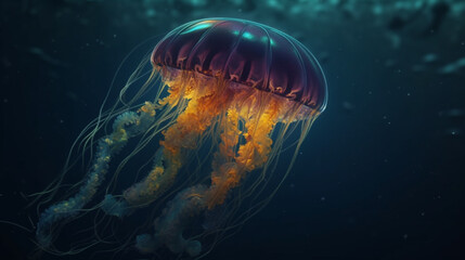 Fototapeta premium Jellyfish in the deep blue sea. Generative Ai