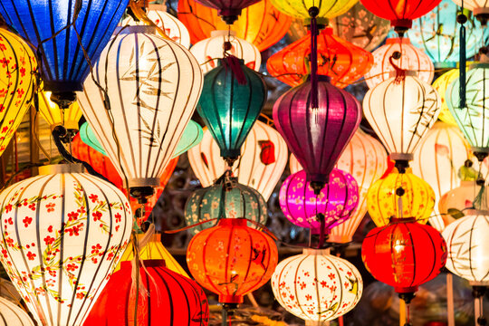 Close up of colourful Asian lanterns hanging in a market