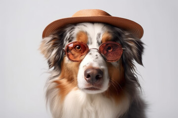 Portrait of happy Australian shepherd dog in sunglasses and summer hat. Travel, Holidays concept. Generated Ai