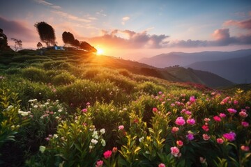 tea plantation sunset with the sun setting behind rows of colorful blooming flowers, created with generative ai