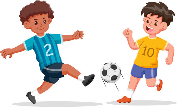 Boys playing football together, two happy little kids playing football. Vector illustration