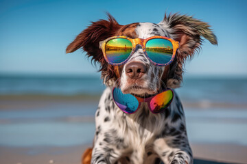 Portrait of happy Australian shepherd dog in colorful sunglasses on the beach. Travel, Holidays concept. LGBT colors. Generated Ai